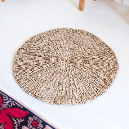 Zeegrasvloerkleed rond 100/120 cm – vloerkleed in bohostijl – rond vloerkleed naturel – handgeweven beige natuurvloerkleed (2 maten) LOKA