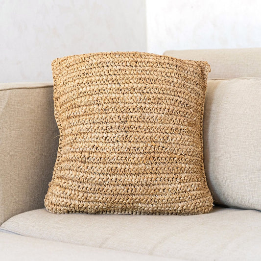 Boho kussen gemaakt van raffia - 40x40 cm decoratief geweven kussen - sofa kussen - natuurlijk beige vierkante kussen handgemaakt van raffia jiwa