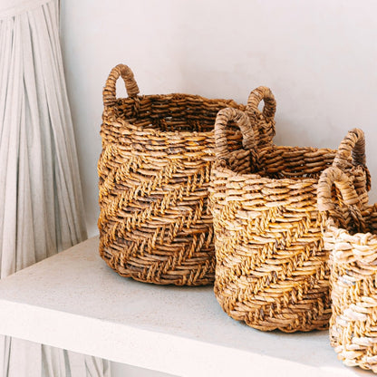 Boho Wasserij of plantenmand - Ronde geweven opslagmand - Decoratieve mand gemaakt van bananenvezel (3 maten Ø 25/32/38 cm) Rinjani